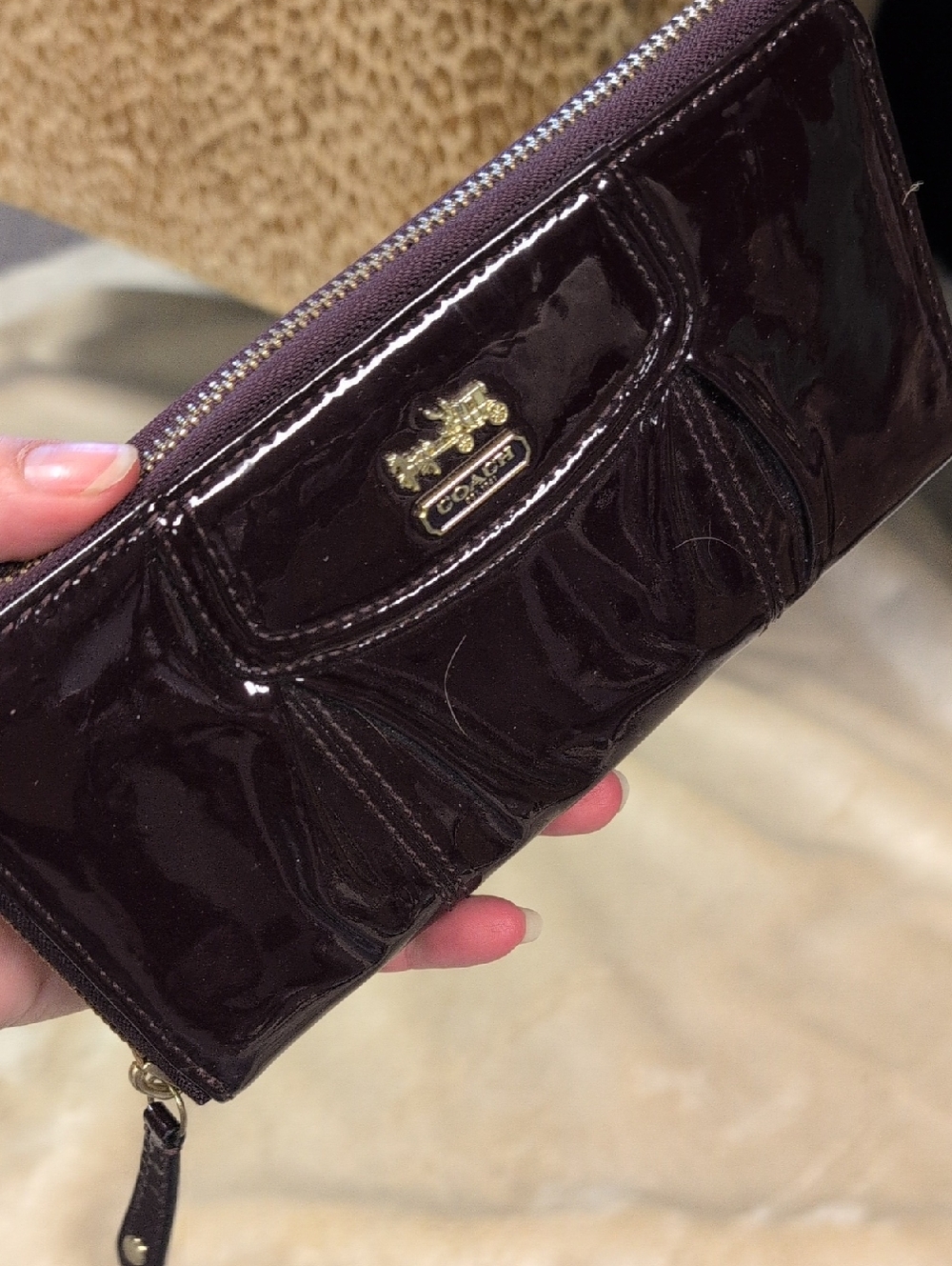 Coach Glossy Patent Leather Zip Wallet in Deep Brown with Gold Hardware